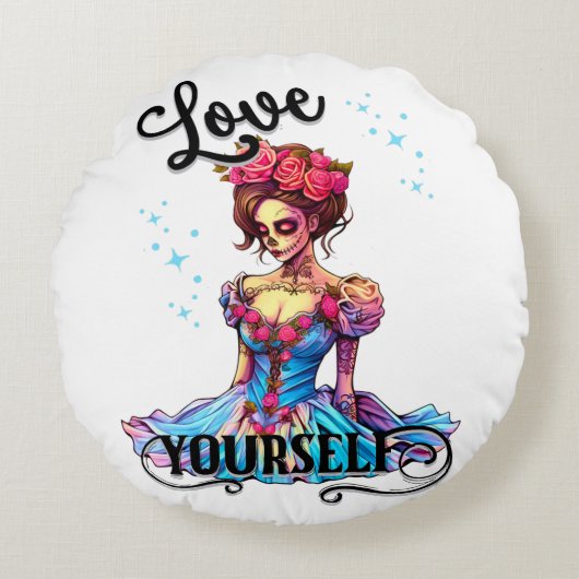 Hou van jezelf Sugar Skull Rond Kussen (Voorkant)