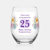 Hou van mijn man 25-jarig jubileum bloemen paarse wijnglas zonder voet (Voorkant)