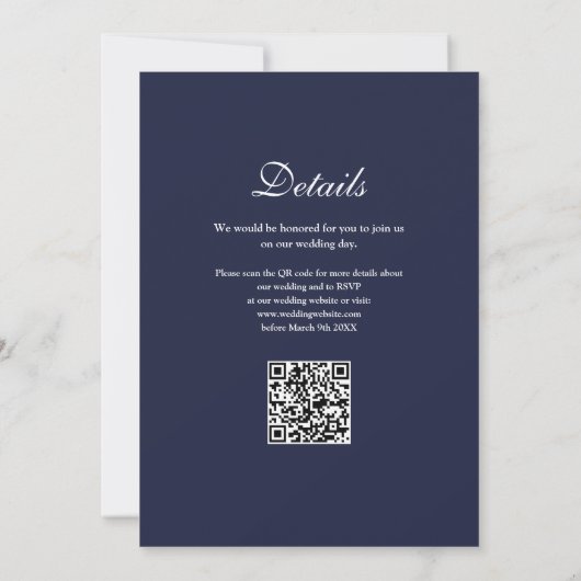 Hou van moderne QR-code Navy Blue Wedding Kaart (Achterkant)