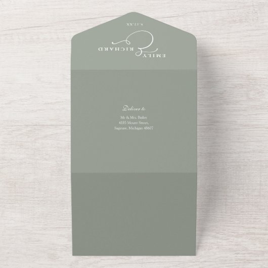 Hou van moderne QR-code Sage Green Wedding All In One Uitnodiging (Buitenkant)