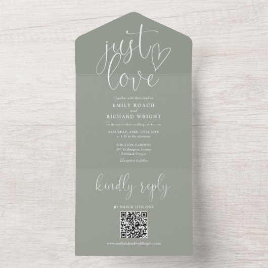Hou van moderne QR-code Sage Green Wedding All In One Uitnodiging (Binnen)