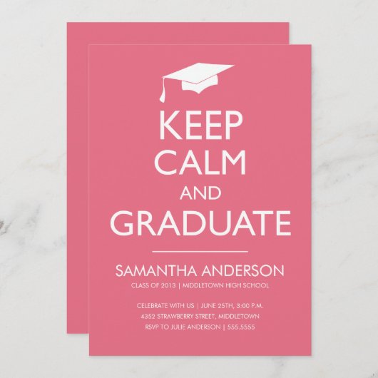 Houd Calm en Afstuderen Uitnodiging - Roze (Voorkant / Achterkant)