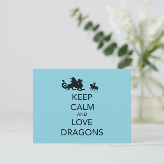 Houd Calm en Love Dragons Unieke Afdruk op Blauw Briefkaart (Staand voorkant)