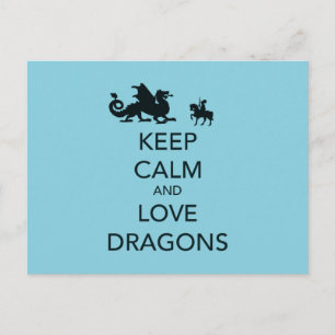 Houd Calm en Love Dragons Unieke Afdruk op Blauw Briefkaart