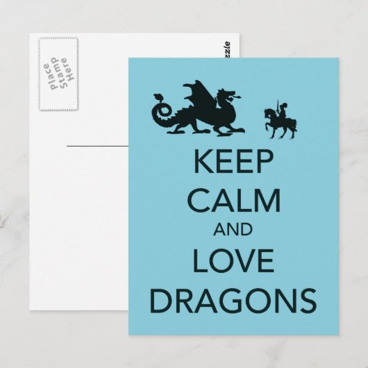 Houd Calm en Love Dragons Unieke Afdruk op Blauw Briefkaart (Voorkant / Achterkant)