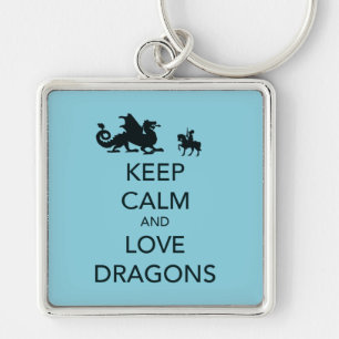 Houd Calm en Love Dragons Unieke Afdruk op Blauw Sleutelhanger