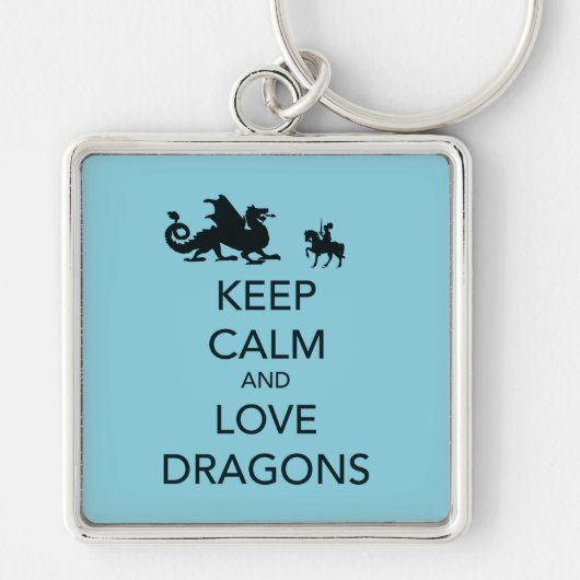Houd Calm en Love Dragons Unieke Afdruk op Blauw Sleutelhanger (Voorkant)