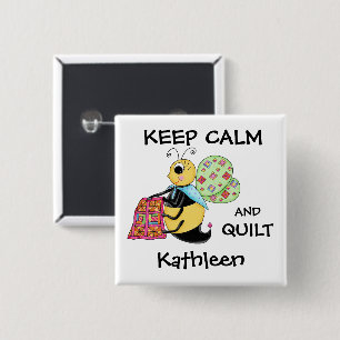 Houd Calm Quilt Whimsy Honey Bee Art Name Badge Vierkante Button 5,1 Cm