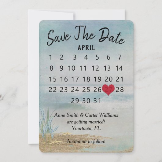 Houd de datum vrij trouwkalender strand zeester kaart (Voorkant)