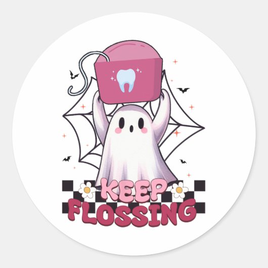 Houd Flossen Ghost Groovy Dental Hygiene Halloween Ronde Sticker (Voorkant)
