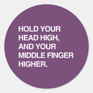 HOUD JE HOOFD HOOG EN JE MIDDEN VINGER HOGER. RONDE STICKER
