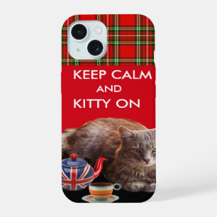 HOUD KALK EN KAT OP, RODE TARTAN CAT TEPARTIJ iPhone 15 HOESJE