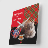 HOUD KALK EN KAT OP, RODE TARTAN CAT TEPARTIJ VIERKANTE KLOK (Hoek)