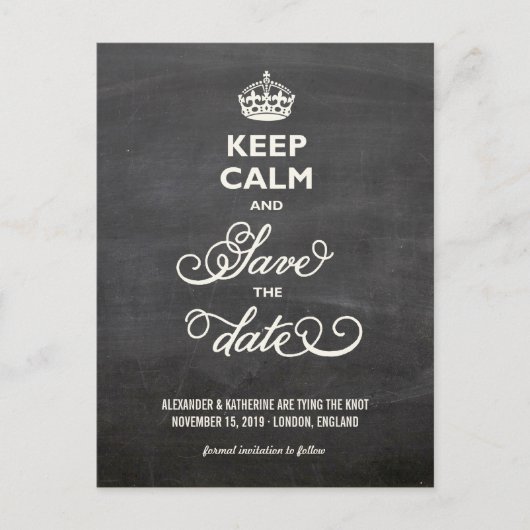 Houd kalm en bewaar de datum Retro Chalkboard Funn Aankondigingskaart (Voorkant)