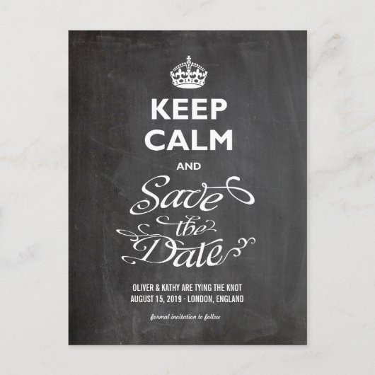 Houd kalm en bewaar de datum van het krullende Man Aankondigingskaart (Voorkant)