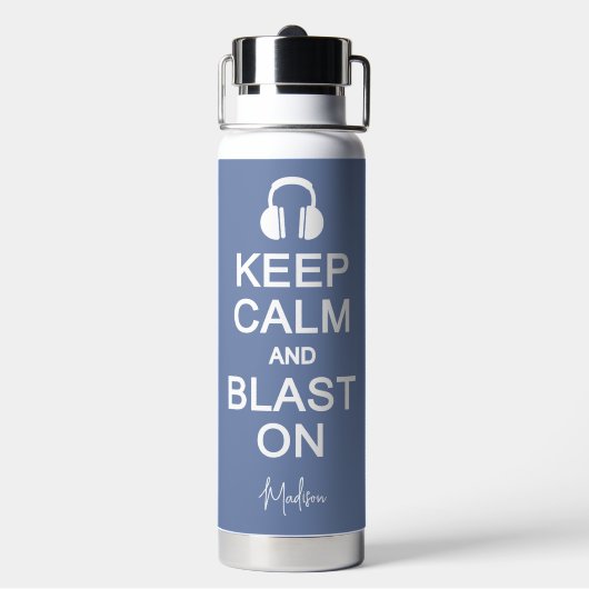 Houd kalm en blauw op aangepaste naam en kleur waterfles (Achterkant)
