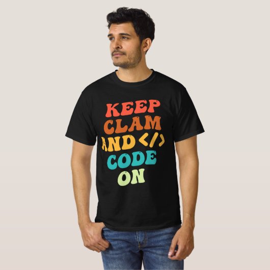 Houd kalm en code op retro golvend T-shirt ontwerp (Voorkant volledig)
