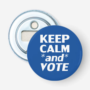 Houd kalm en stem moderne typografie wit blauw button flesopener