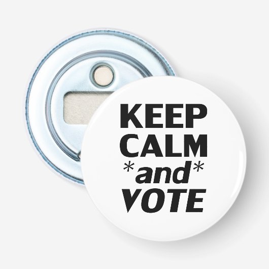 Houd kalm en stem moderne typografie zwart wit button flesopener (Voorkant)