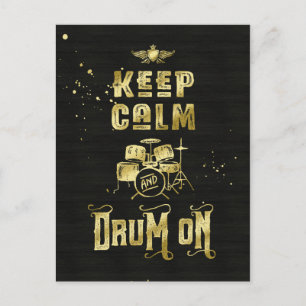 Houd kalm en trommel op goudgrunge Typografie Briefkaart