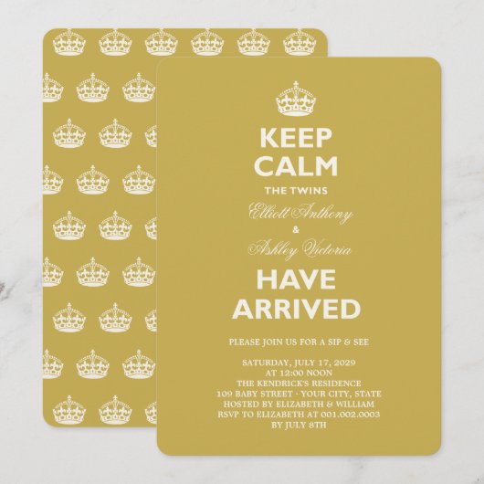 Houd kalm Funny Twins Baby Sip & See Party Invite Kaart (Voorkant / Achterkant)