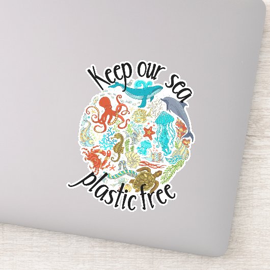 Houd onze zeeën plasticvrij walvis schildpad sticker (Detail)