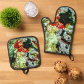 Houder en ovenhandschoen witte textuur abstract ovenwant & pannenlap set (Top down)