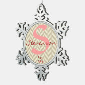 Houder van de siernaam en Jaar, Roze Gray Chevron Tin Sneeuwvlok Ornament (Rechts)