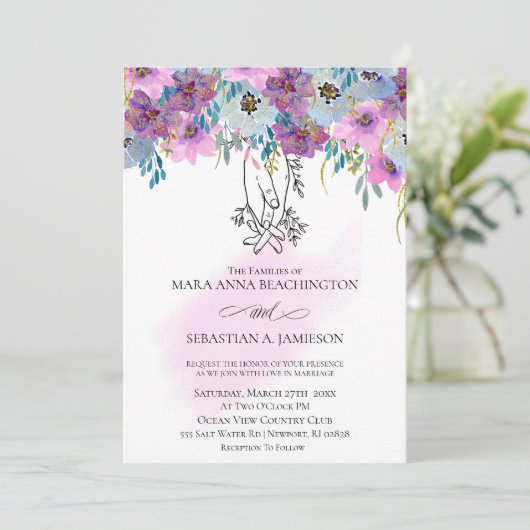 *~* Houding handen roze bloemen witte bruiloft Kaart (Staand voorkant)