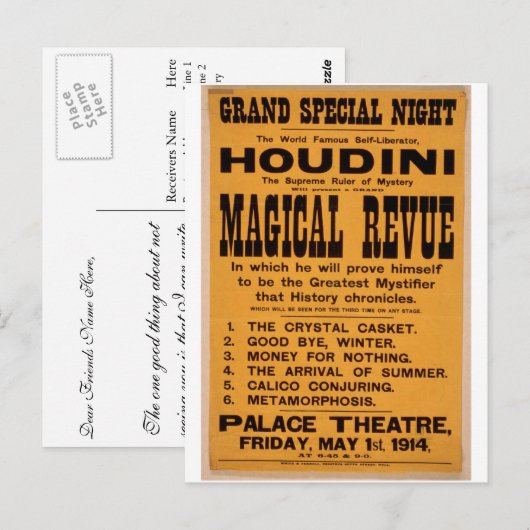 Houdini, 'Magical Revue' Retro theater Briefkaart (Voorkant / Achterkant)