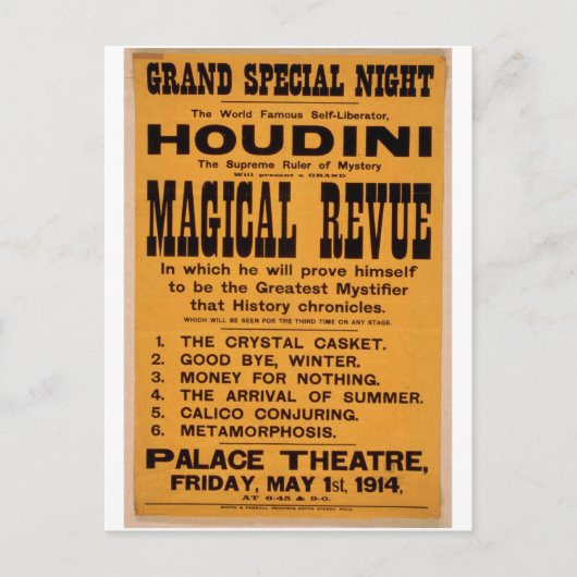 Houdini, 'Magical Revue' Retro theater Briefkaart (Voorkant)