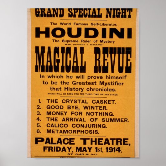 Houdini, 'Magical Revue' Retro theater Poster (Voorkant)
