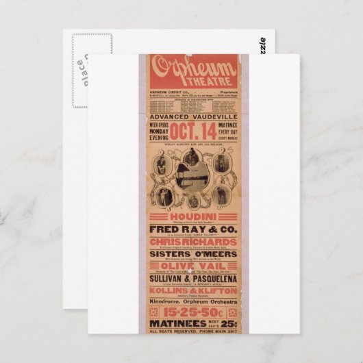 Houdini, 'Orpheuw' Retro Theater Briefkaart (Voorkant / Achterkant)