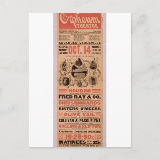 Houdini, 'Orpheuw' Retro Theater Briefkaart (Voorkant)