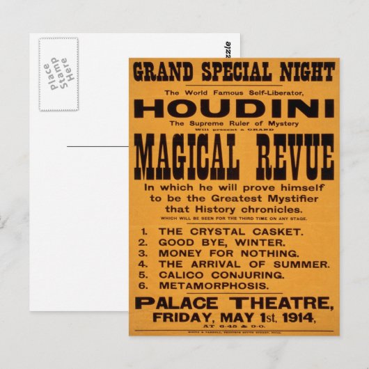 Houdini's Magical Revue, 1914 Briefkaart (Voorkant / Achterkant)