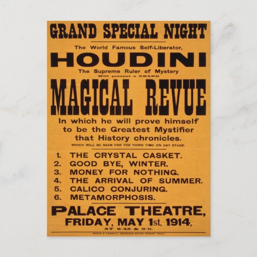 Houdini's Magische Revue, 1914 Briefkaart (Voorkant)