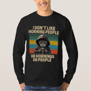 Houdt niet van ochtendmensen kat met koffie slecht t-shirt