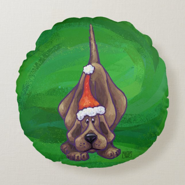 Hound Dog Kerst op Green Rond Kussen (Voorkant)