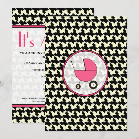 Houndstooth and Pink Baby shower Invitation Kaart (Voorkant / Achterkant)
