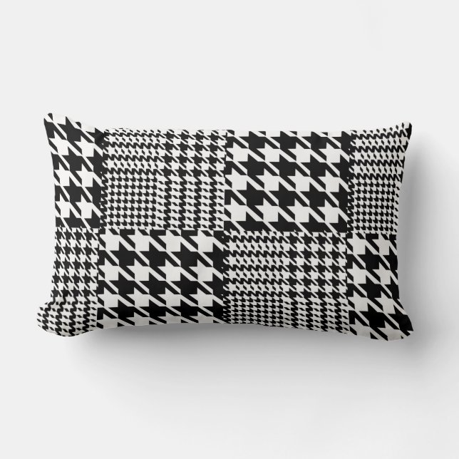 Houndstooth Black en White Patchwork Patroon Kussen (Voorkant)