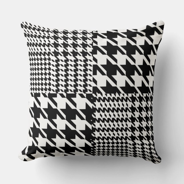 Houndstooth Black en White Patchwork Patroon Kussen (Voorkant)
