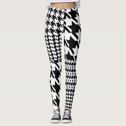 Houndstooth Black en White Patchwork Patroon Leggings (Voorkant)