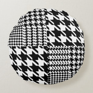 Houndstooth Black en White Patchwork Patroon Rond Kussen