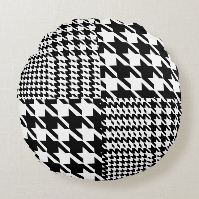 Houndstooth Black en White Patchwork Patroon Rond Kussen (Voorkant)