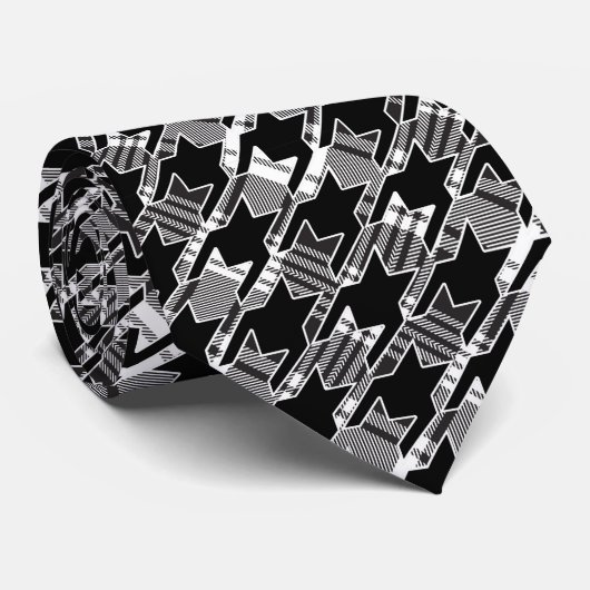 Houndstooth Black en White Patchwork Patroon Stropdas (Opgerold)