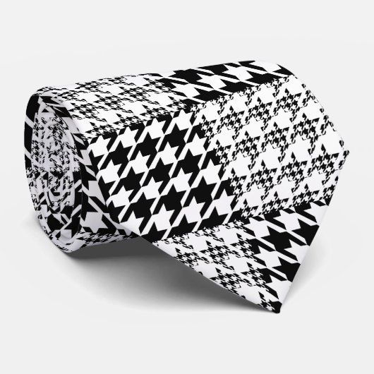Houndstooth Black en White Patchwork Patroon Stropdas (Opgerold)