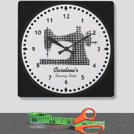 Houndstooth Check Sewing Machine Wall Clock Vierkante Klok