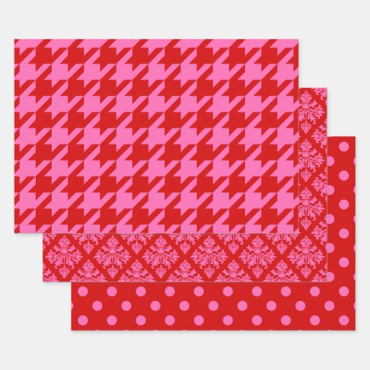 Houndstooth, Damask, Dot DIY Colors Red Pink Inpakpapier Vel (Set)