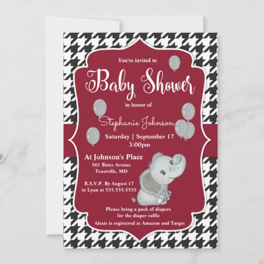 Houndstooth Elephant Baby shower Invitation Kaart (Voorkant)