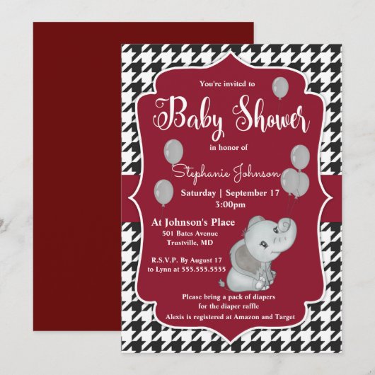 Houndstooth Elephant Baby shower Invitation Kaart (Voorkant / Achterkant)